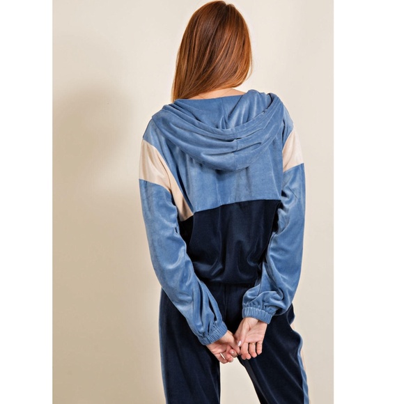 "The Rowan" Blue Velour Zip Up Hoodie - Picture 2 of 3